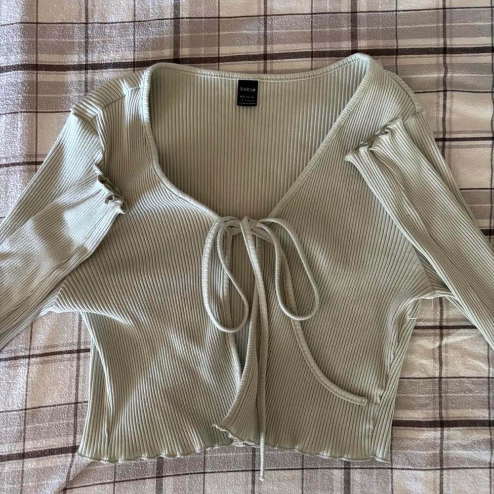 SHEIN Sage Ribbed Tie-Front Crop Top